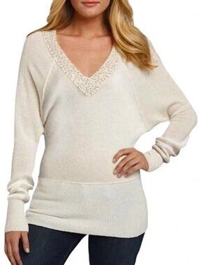 Free People Women's Ivory V-Neck Sequin Wool Blend Sweater